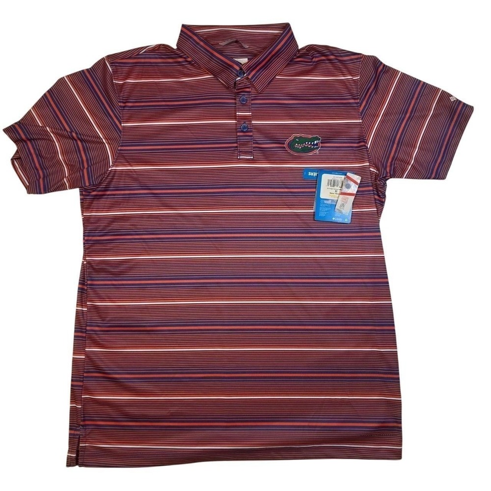 Columbia Mens Florida Gators Polo Medium omnishade Striped Orange Blue NWT NCAA